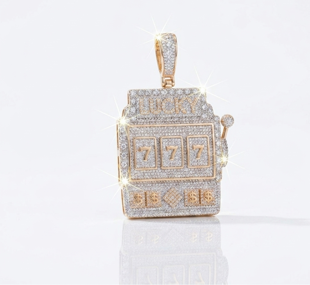 Iced Out "LUCKY 777" Slot Machine Pendant (Free Rope Chain Included)