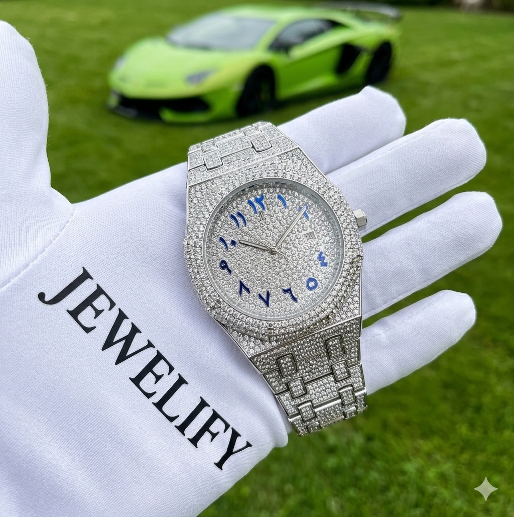 Iced Out Arabic Dial Watch Diamond Tester Certified