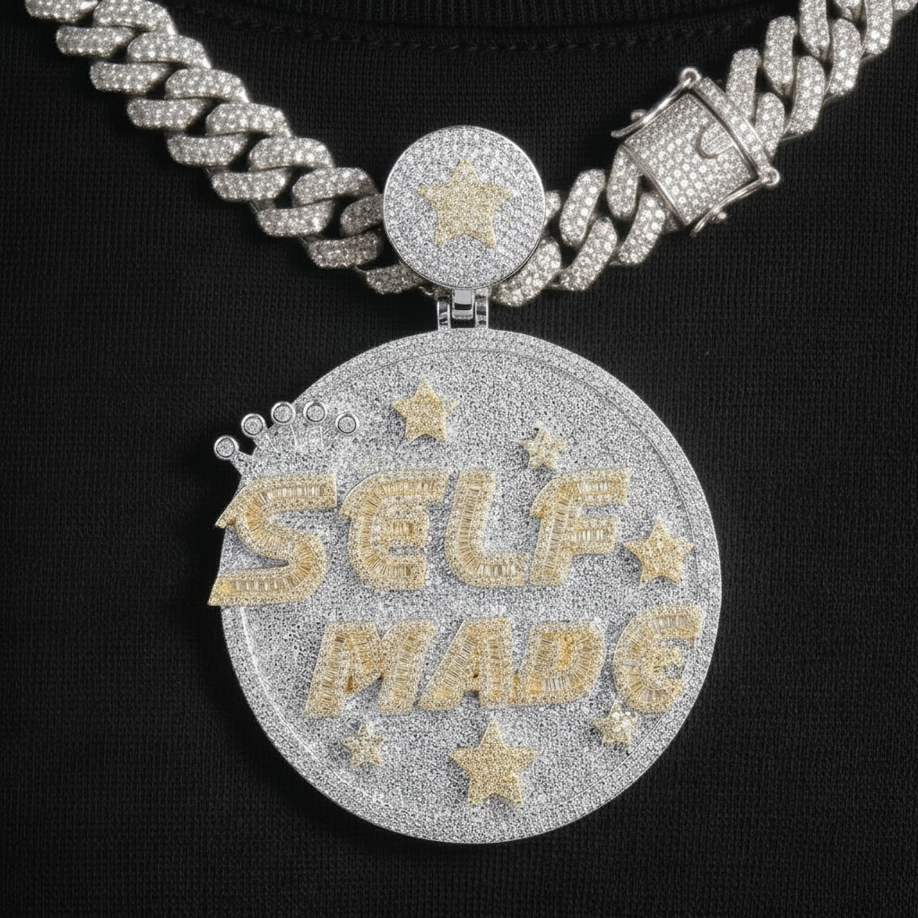 Iced Out Two Tone Yellow Gold Self Made Pendant + Free Rope Chain
