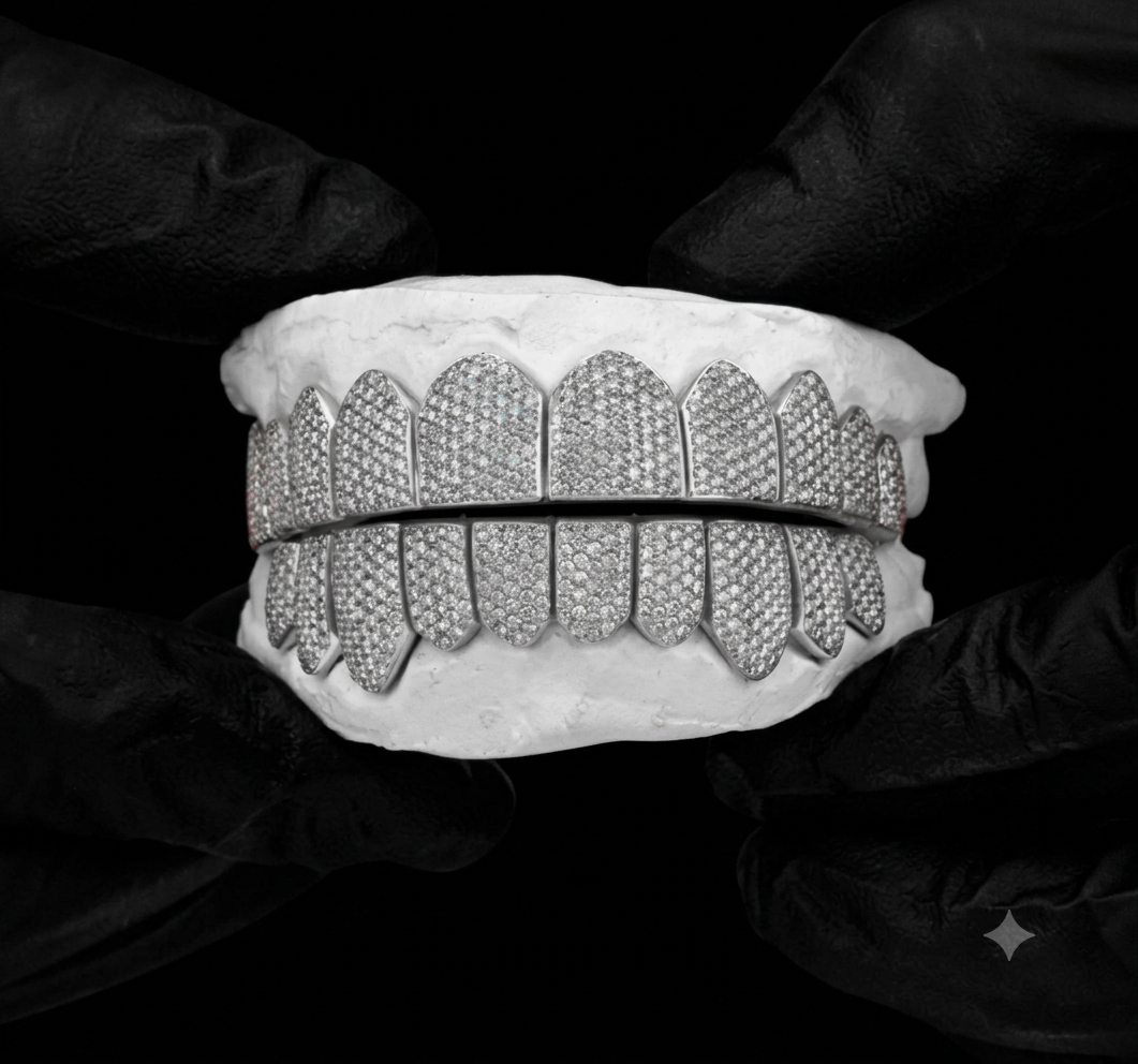 Honeycomb Set Iced Out 8 On 8 Snap On Grillz (Diamond Tester Certified)