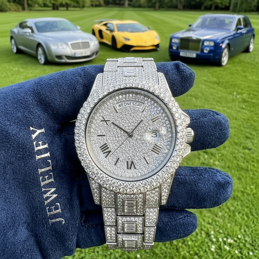 Iced-Out Presidential Calendar Watch with Roman Numerals