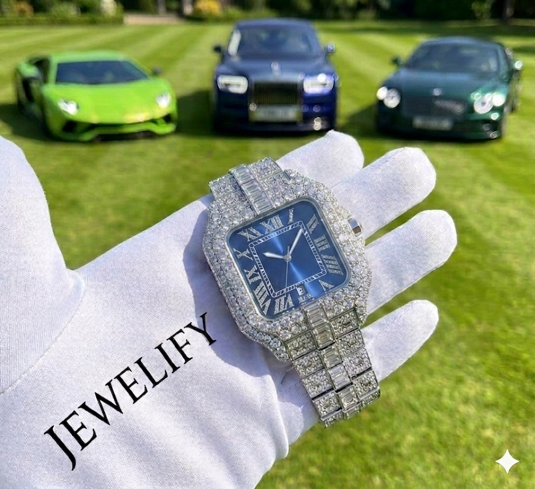 Iced Out 41MM Blue Dial Roman Numerical Watch