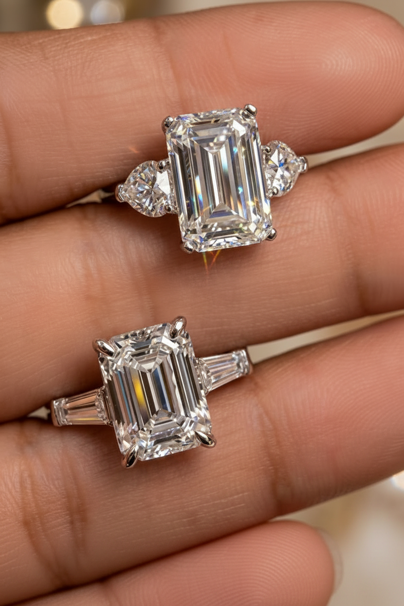 4.5-Carat Emerald Cut Moissanite Three-Stone Ring S925 Silver