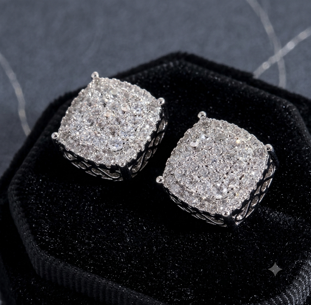 Stud Square Iced Out Pierced Ear Rings Unisex Diamond Tester Certified