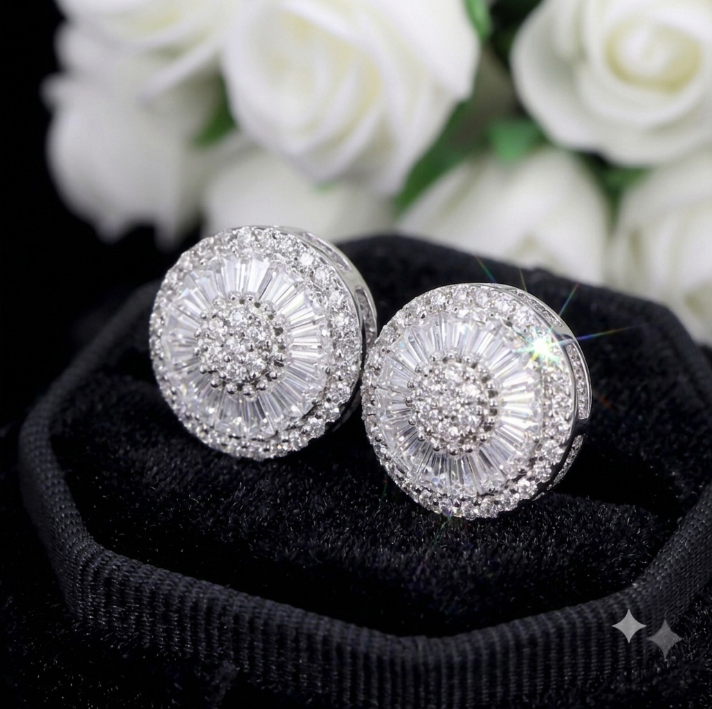 Iced Out Baguette Engraved Pierced Ear Rings Passes Diamond Tester