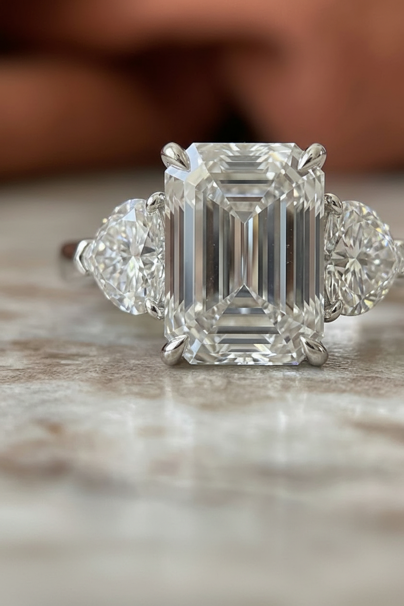 4.5-Carat Emerald Cut Moissanite Three-Stone Ring S925 Silver