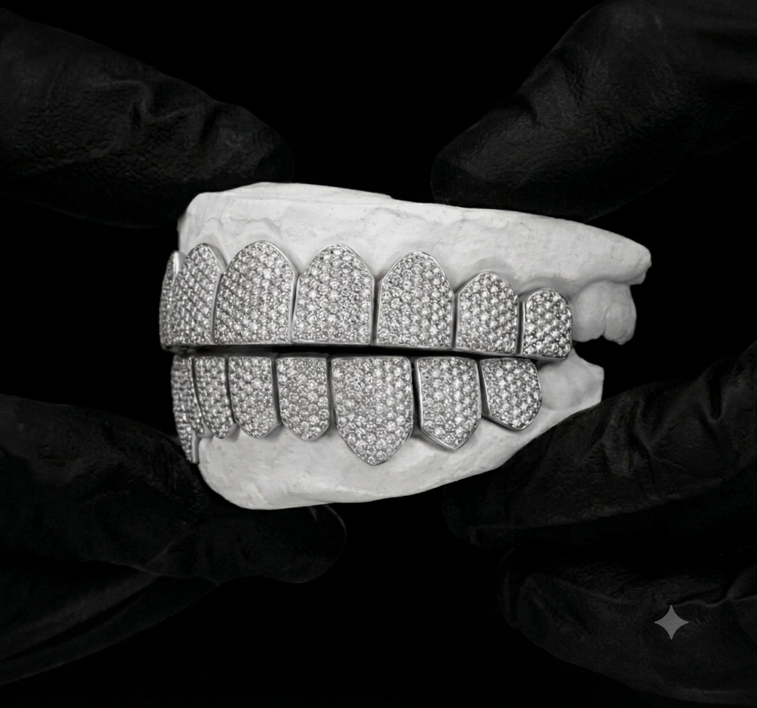 Honeycomb Set Iced Out 8 On 8 Snap On Grillz (Diamond Tester Certified)