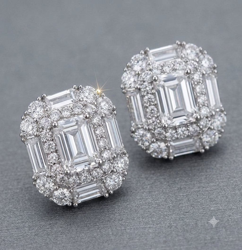 Geometric Square Baguette Iced Out Ear Rings Unisex Diamond Tester Certified