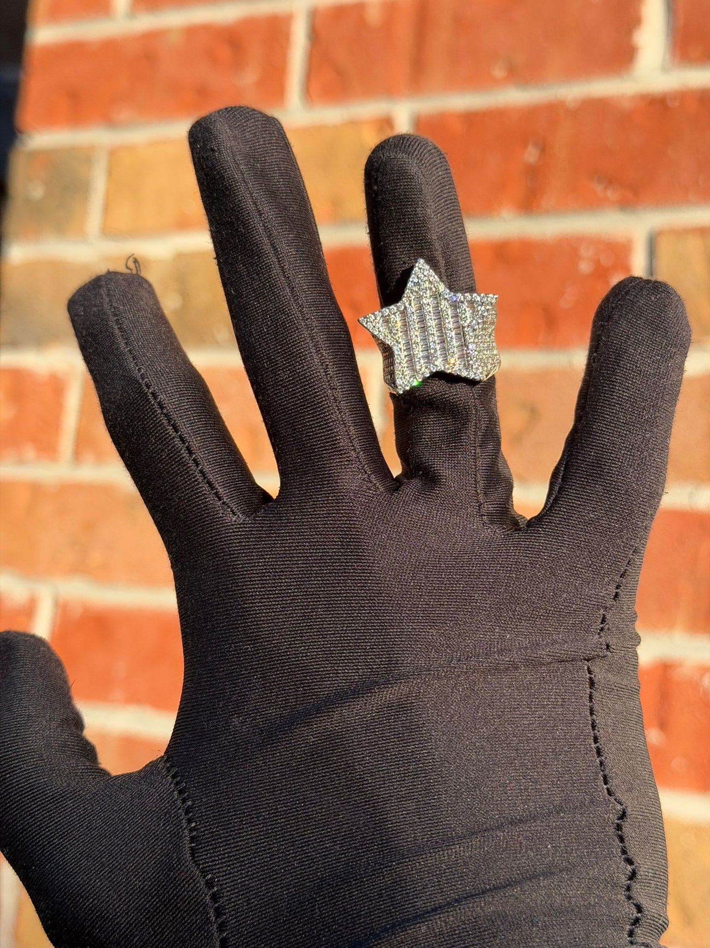 Iced Out Bageutte Engraved Star Ring