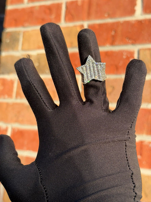 Iced Out Bageutte Engraved Star Ring